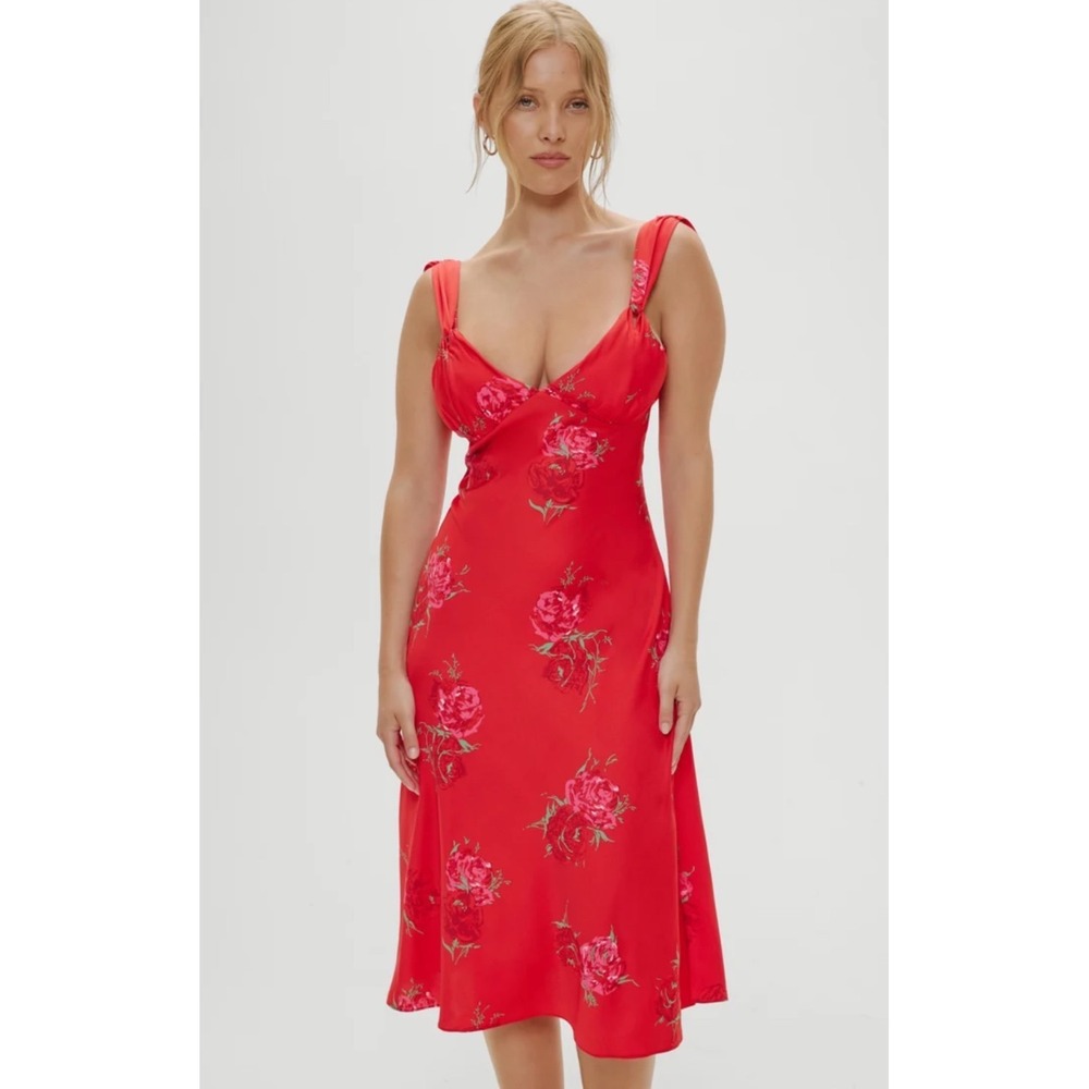 NEW! Frankies Bikinis Aurora Satin Floral Midi Dress Red Pink Rose Cowl Back XL